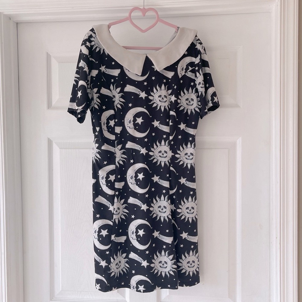 Black & White Celestial Print Dress with White Peter Pan Collar